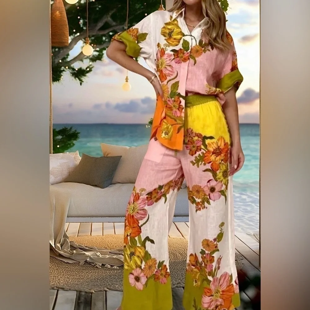 Bohemian Floral Print Shirt & Pants Cotton Linen Short Sleeve Two Piece Set - Picture 1 of 12